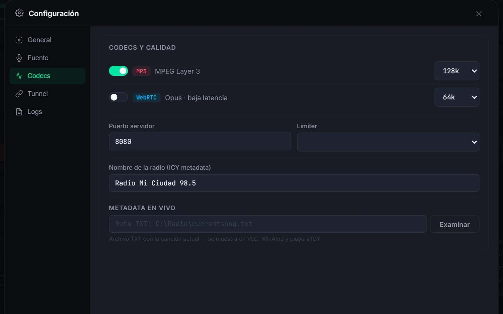 Ajustes de códecs de SitiosWeb7 Radio: MP3 y WebRTC con selección de bitrate