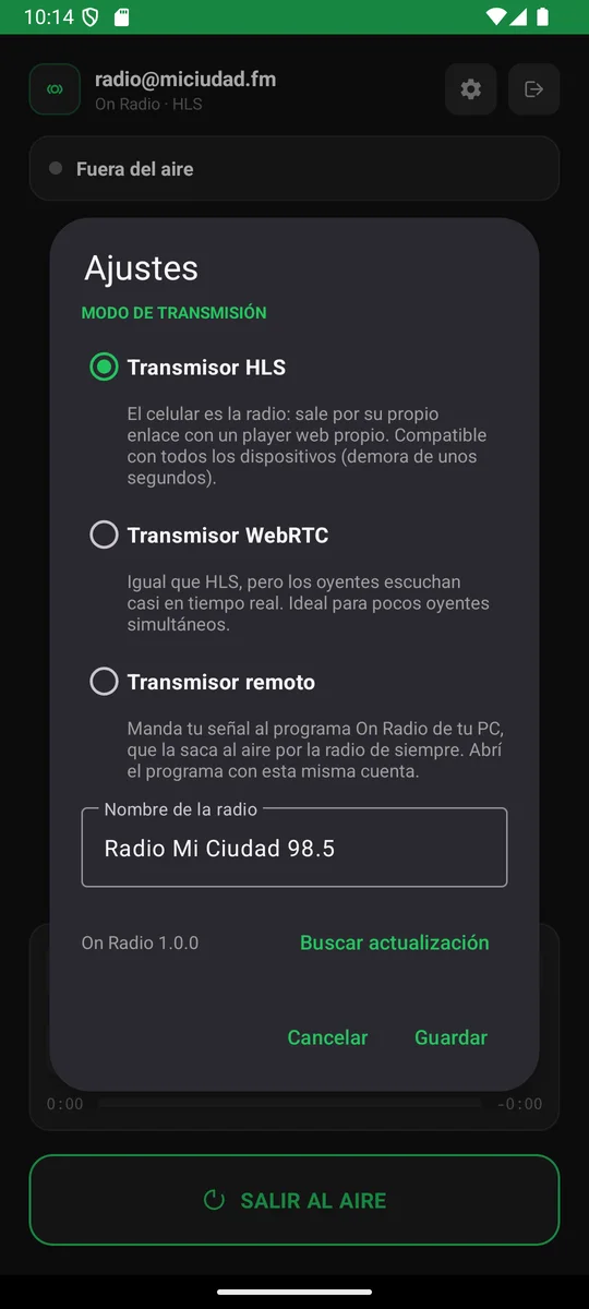App SitiosWeb7 Radio: modos Transmisor HLS, WebRTC y remoto
