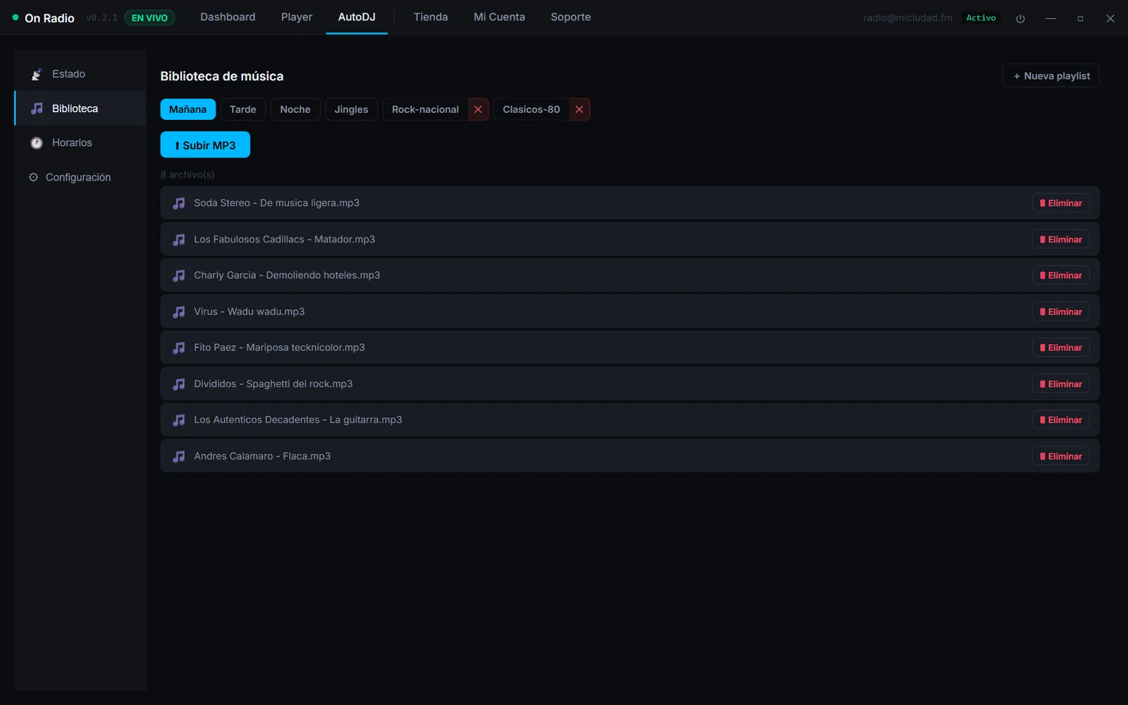 Biblioteca de música del AutoDJ de SitiosWeb7 Radio con playlists por horario