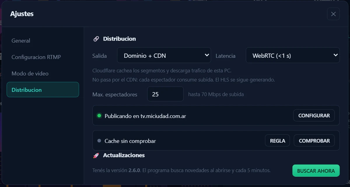 Ajustes de distribución de SitiosWeb7 Video: dominio con CDN y latencia WebRTC
