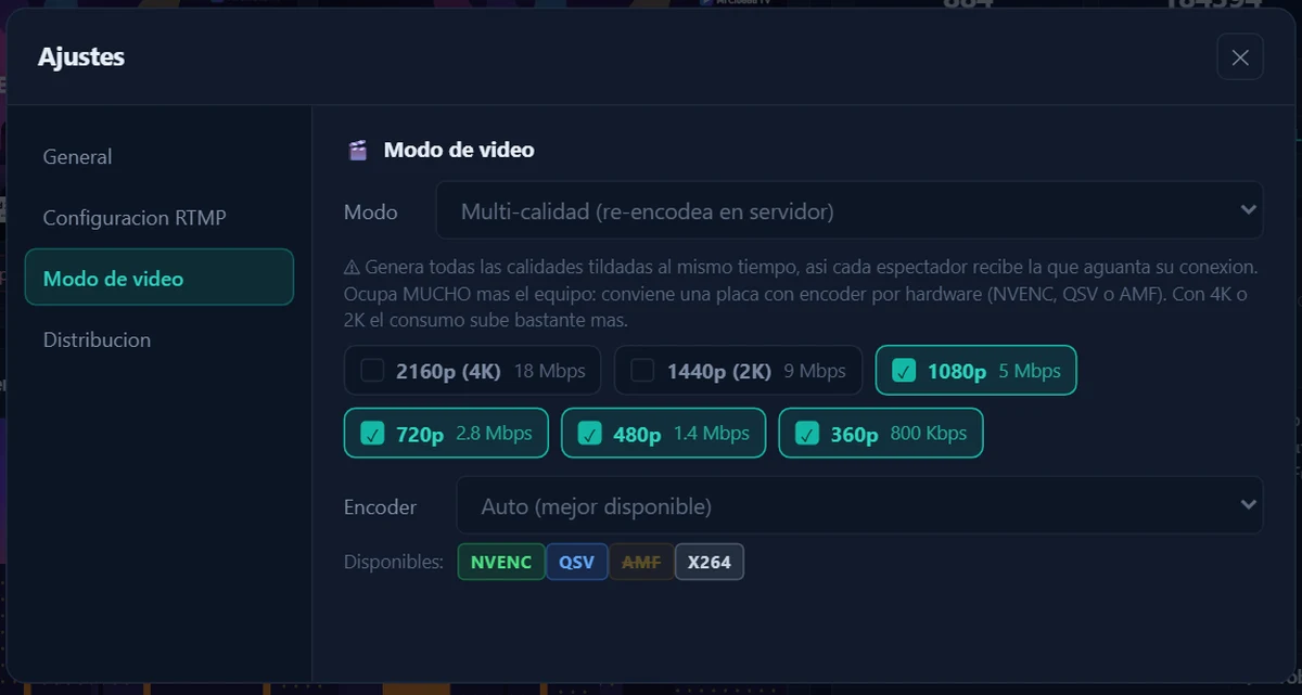 Ajustes de modo de video de SitiosWeb7 Video: multicalidad con 1080p, 720p, 480p y 360p y codificadores NVENC, QSV y x264