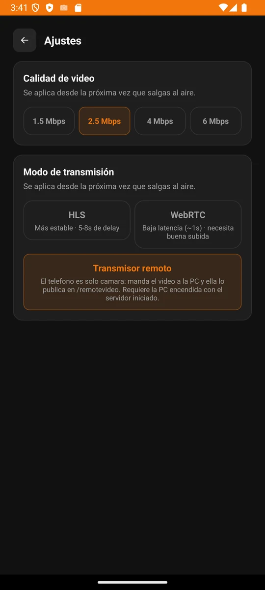 App SitiosWeb7 Video: calidad de video y modos HLS, WebRTC y transmisor remoto