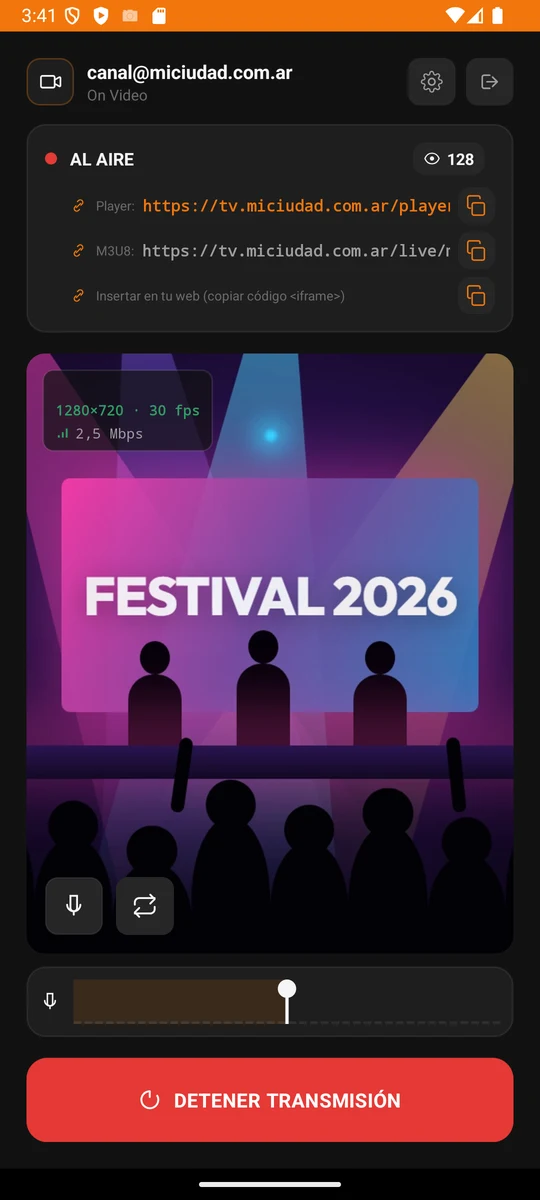 App SitiosWeb7 Video transmitiendo en vivo: 128 espectadores, enlaces del player y la cámara
