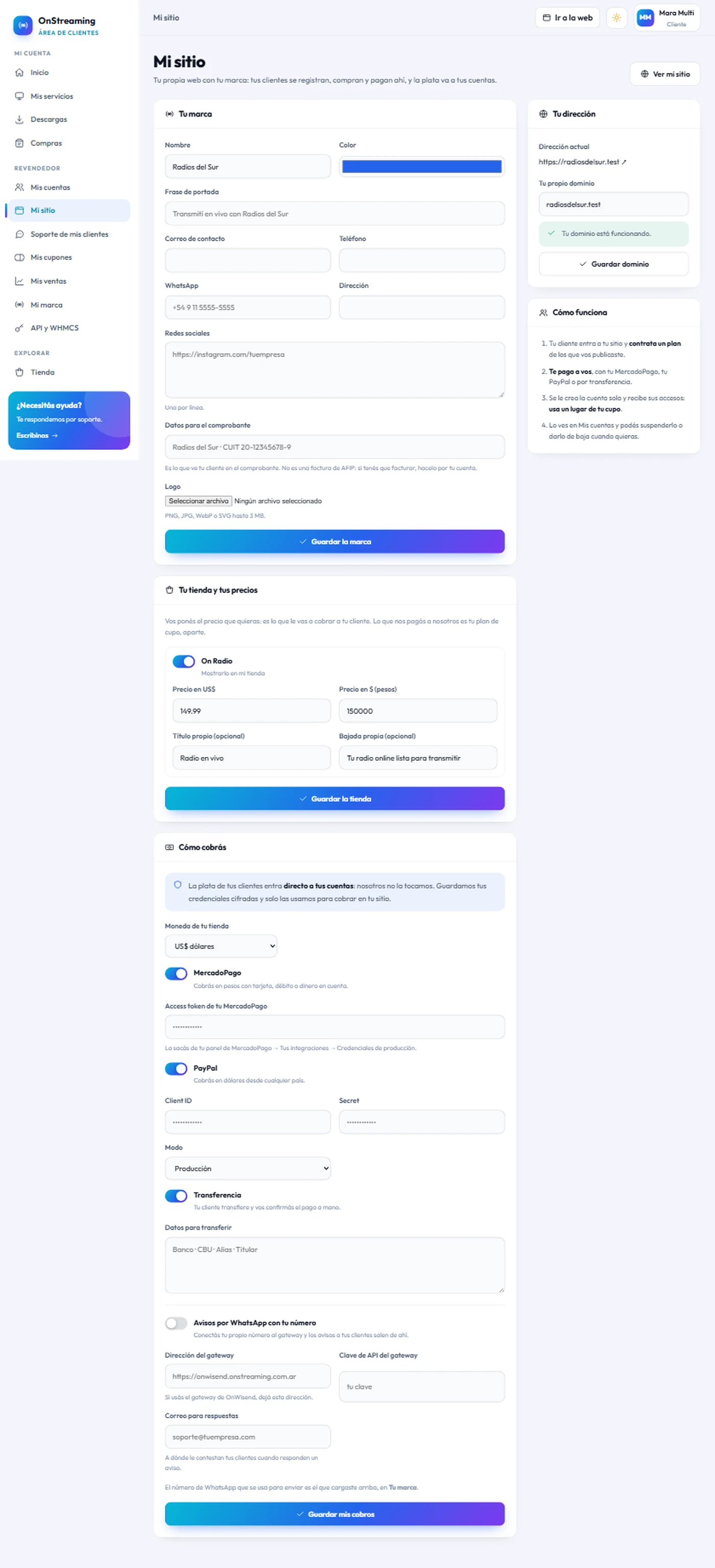 Sitio propio del revendedor: Tu panel